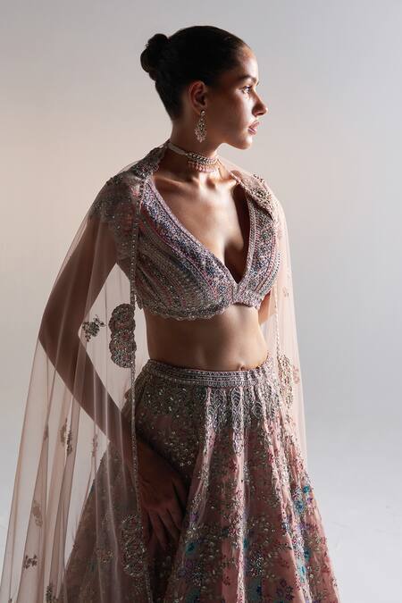 Osaa By Adarsh_Pink Organza Sequins, Applique Asymmetric Floral Zardozi Embroidered Lehenga Set _at_Aza_Fashions