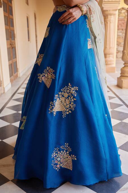 Osaa By Adarsh_Blue Organza Aari Work, Dori, French Knots, Geometric Embroidered Lehenga Set _Online_at_Aza_Fashions