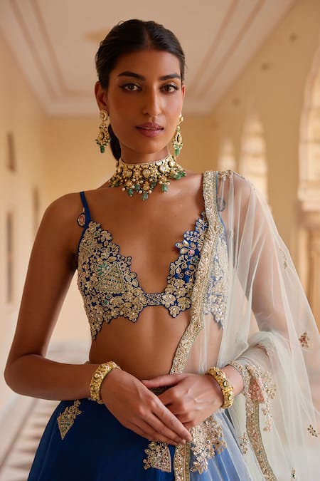 Buy_Osaa By Adarsh_Blue Organza Aari Work, Dori, French Knots, Geometric Embroidered Lehenga Set _Online_at_Aza_Fashions