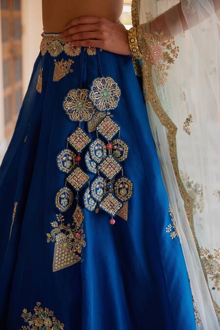 Shop_Osaa By Adarsh_Blue Organza Aari Work, Dori, French Knots, Geometric Embroidered Lehenga Set _Online_at_Aza_Fashions