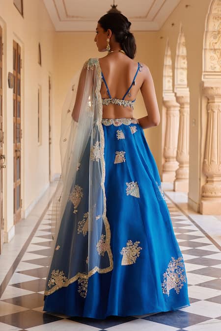 Shop_Osaa By Adarsh_Blue Organza Aari Work, Dori, French Knots, Geometric Embroidered Lehenga Set _at_Aza_Fashions