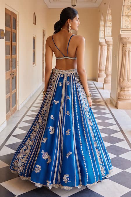 Shop Osaa By Adarsh Blue Organza Aari Work, French Knots, Floral Vine Embroidered Lehenga Set at Aza Fashions Shop_Osaa By Adarsh_Blue Organza Aari Work, French Knots, Floral Vine Embroidered Lehenga Set _at_Aza_Fashions