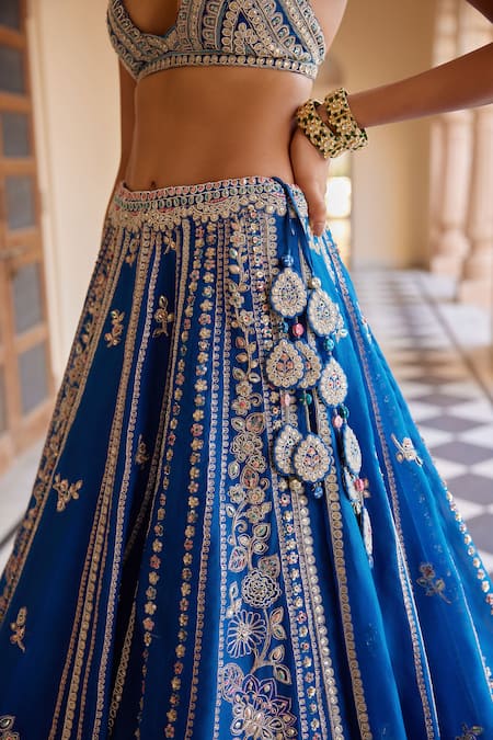 Osaa By Adarsh Blue Organza Aari Work, French Knots, Floral Vine Embroidered Lehenga Set at Aza Fashions Osaa By Adarsh_Blue Organza Aari Work, French Knots, Floral Vine Embroidered Lehenga Set _at_Aza_Fashions