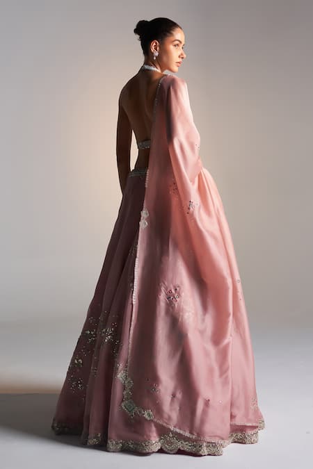 Osaa By Adarsh_Pink Organza Aari Work, Dori, French Floral Placement Embroidered Lehenga Set _Online_at_Aza_Fashions