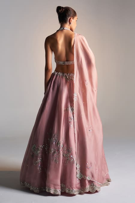 Shop_Osaa By Adarsh_Pink Organza Aari Work, Dori, French Floral Placement Embroidered Lehenga Set _at_Aza_Fashions