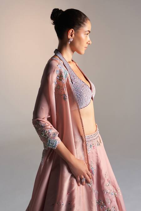 Shop_Osaa By Adarsh_Pink Organza Aari Work, Dori, French Floral Placement Embroidered Lehenga Set _Online_at_Aza_Fashions