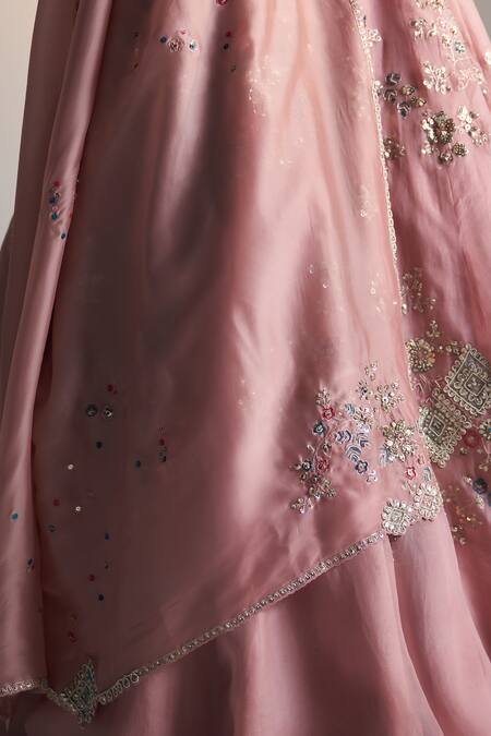 Osaa By Adarsh_Pink Organza Aari Work, Dori, French Floral Placement Embroidered Lehenga Set _at_Aza_Fashions