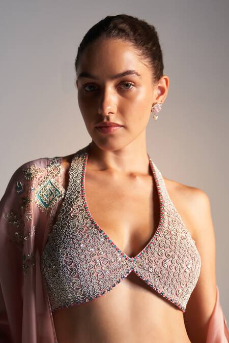 Buy_Osaa By Adarsh_Pink Organza Aari Work, Dori, French Floral Placement Embroidered Lehenga Set 