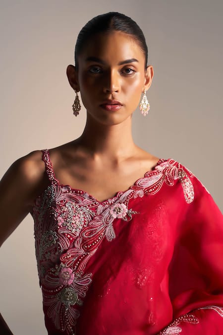 Osaa By Adarsh_Red Organza Aari Work, Dori, French Floral Vine Embroidered Saree With Blouse _Online_at_Aza_Fashions