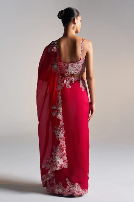 Shop_Osaa By Adarsh_Red Organza Aari Work, Dori, French Floral Vine Embroidered Saree With Blouse _at_Aza_Fashions