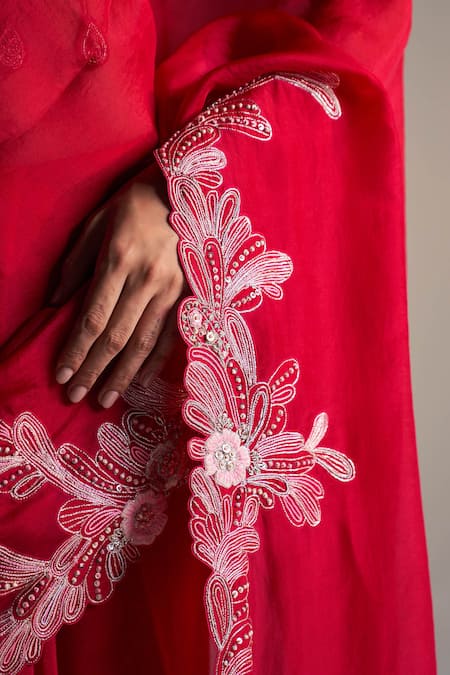 Buy_Osaa By Adarsh_Red Organza Aari Work, Dori, French Floral Vine Embroidered Saree With Blouse _Online_at_Aza_Fashions