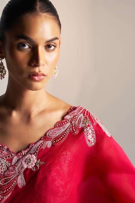 Shop_Osaa By Adarsh_Red Organza Aari Work, Dori, French Floral Vine Embroidered Saree With Blouse _Online_at_Aza_Fashions