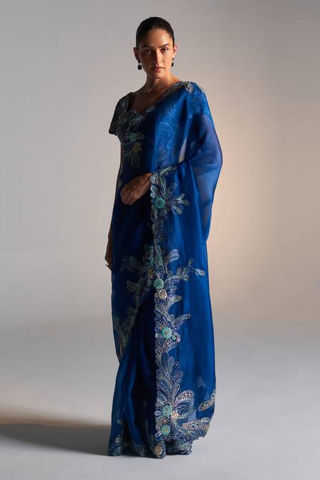 Osaa By Adarsh_Blue Organza Sequins, Zari, Embroidery Sweetheart Floral Vine Zardozi Saree_Online_at_Aza_Fashions