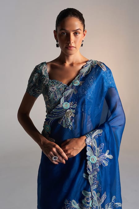 Buy_Osaa By Adarsh_Blue Organza Sequins, Zari, Embroidery Sweetheart Floral Vine Zardozi Saree_Online_at_Aza_Fashions
