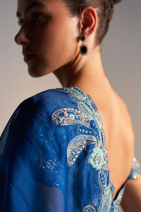 Shop_Osaa By Adarsh_Blue Organza Sequins, Zari, Embroidery Sweetheart Floral Vine Zardozi Saree_Online_at_Aza_Fashions