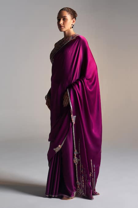 Osaa By Adarsh_Purple Silk Zari, Embroidery, Sequins Round Neck Zardozi Saree And Blouse _Online_at_Aza_Fashions