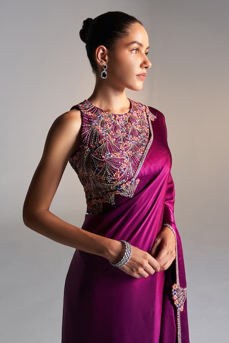 Buy_Osaa By Adarsh_Purple Silk Zari, Embroidery, Sequins Round Neck Zardozi Saree And Blouse _Online_at_Aza_Fashions