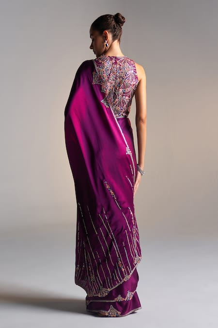 Shop_Osaa By Adarsh_Purple Silk Zari, Embroidery, Sequins Round Neck Zardozi Saree And Blouse _at_Aza_Fashions