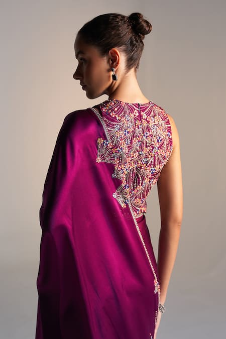 Shop_Osaa By Adarsh_Purple Silk Zari, Embroidery, Sequins Round Neck Zardozi Saree And Blouse _Online_at_Aza_Fashions