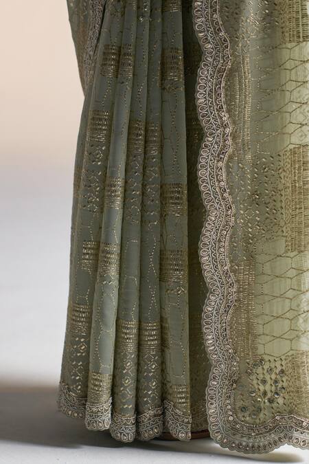 Osaa By Adarsh_Blue Silk, Chiffon Sequins, Embroidery, Zari Geometric Badla Saree And Blouse_Online_at_Aza_Fashions