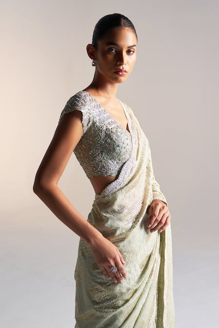 Buy_Osaa By Adarsh_Blue Silk, Chiffon Sequins, Embroidery, Zari Geometric Badla Saree And Blouse_Online_at_Aza_Fashions