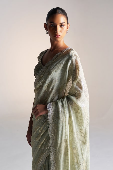 Shop_Osaa By Adarsh_Blue Silk, Chiffon Sequins, Embroidery, Zari Geometric Badla Saree And Blouse_Online_at_Aza_Fashions