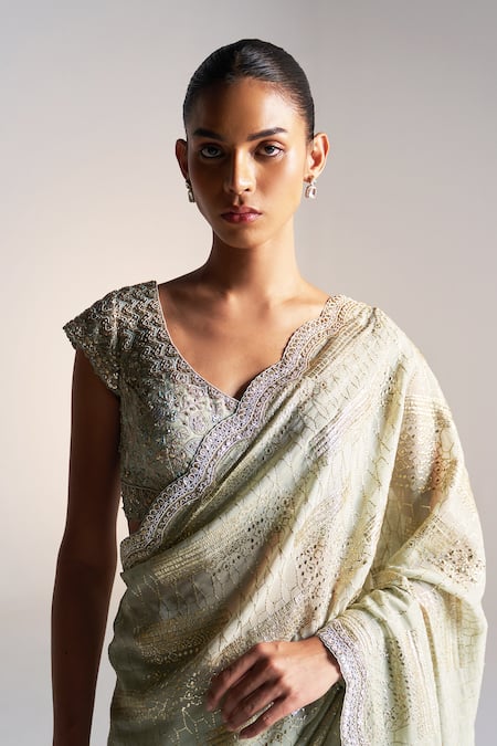 Osaa By Adarsh_Blue Silk, Chiffon Sequins, Embroidery, Zari Geometric Badla Saree And Blouse_at_Aza_Fashions