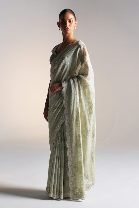 Buy_Osaa By Adarsh_Blue Silk, Chiffon Sequins, Embroidery, Zari Geometric Badla Saree And Blouse