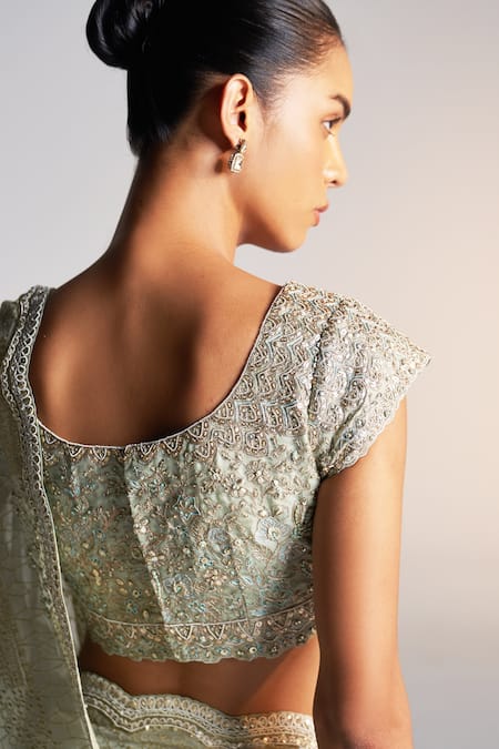 Shop_Osaa By Adarsh_Blue Silk, Chiffon Sequins, Embroidery, Zari Geometric Badla Saree And Blouse