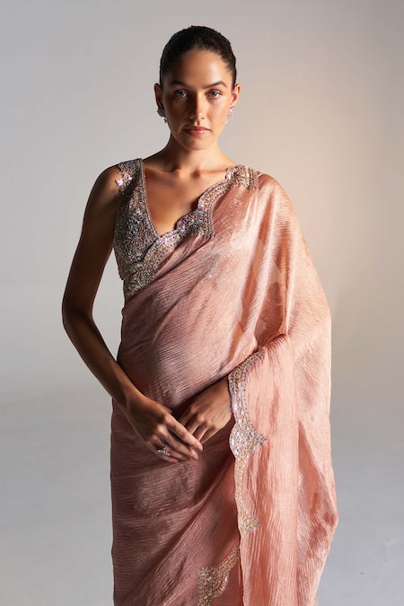 Osaa By Adarsh_Peach Tissue Sequins, Zari, Embroidery V-neck Zardozi Scallop Border Saree _Online_at_Aza_Fashions