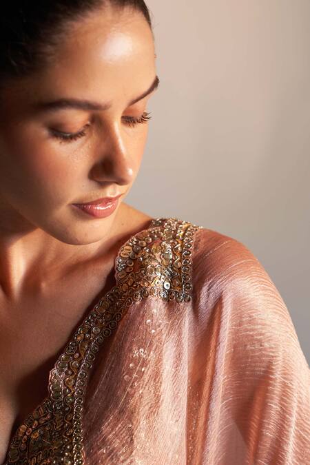 Buy_Osaa By Adarsh_Peach Tissue Sequins, Zari, Embroidery V-neck Zardozi Scallop Border Saree _Online_at_Aza_Fashions