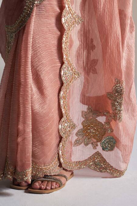 Shop_Osaa By Adarsh_Peach Tissue Sequins, Zari, Embroidery V-neck Zardozi Scallop Border Saree _Online_at_Aza_Fashions