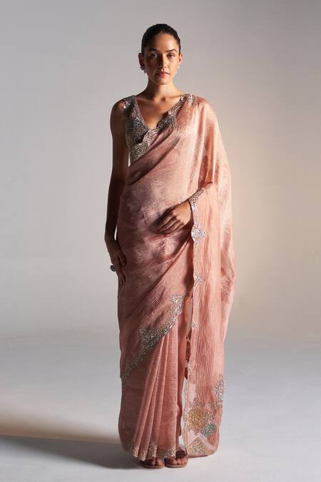 Osaa By Adarsh_Peach Tissue Sequins, Zari, Embroidery V-neck Zardozi Scallop Border Saree _at_Aza_Fashions