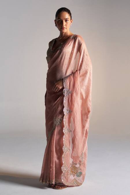 Buy_Osaa By Adarsh_Peach Tissue Sequins, Zari, Embroidery V-neck Zardozi Scallop Border Saree 