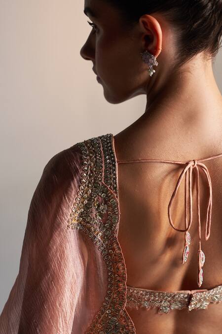 Shop_Osaa By Adarsh_Peach Tissue Sequins, Zari, Embroidery V-neck Zardozi Scallop Border Saree 