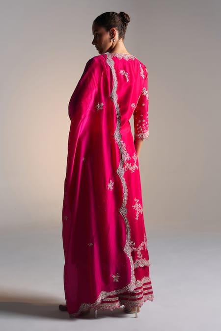 Shop_Osaa By Adarsh_Pink Silk Sequins, Zari Split V-neck Zardozi Floral Vine Embroidered Kurta Set _at_Aza_Fashions