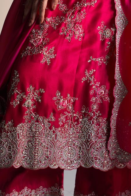 Shop_Osaa By Adarsh_Pink Silk Sequins, Zari Split V-neck Zardozi Floral Vine Embroidered Kurta Set _Online_at_Aza_Fashions