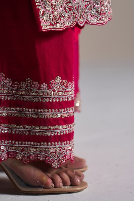 Osaa By Adarsh_Pink Silk Sequins, Zari Split V-neck Zardozi Floral Vine Embroidered Kurta Set _at_Aza_Fashions