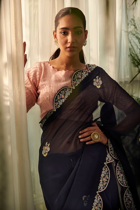 Tilsim By Sagarika Mehrotra Floral Embroidered Blue Saree Set 