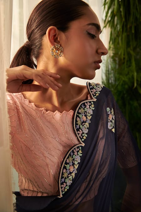 Tilsim By Sagarika Mehrotra_Blue Chanderi, Georgette Embroidery, Cut Work Round Neck Floral Saree Set _Online_at_Aza_Fashions