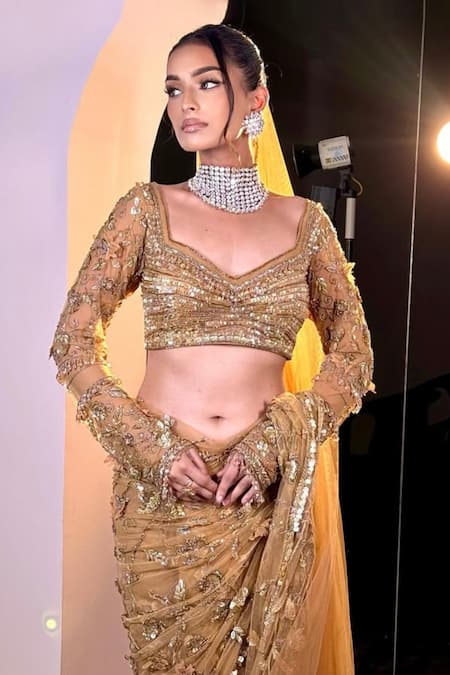 Shop_Kaynaat By Aanchal Sawhney_Gold Net Sequins, Cut Work, Crystals Floral Vine Embroidered Saree Set _at_Aza_Fashions