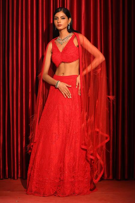 Buy_Swati Wadhwani Couture_Red Silk, Net Embroidery V-neck Floral Hand Lehenga Set _Online_at_Aza_Fashions