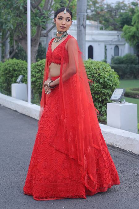 Shop_Swati Wadhwani Couture_Red Silk, Net Embroidery V-neck Floral Hand Lehenga Set _Online_at_Aza_Fashions