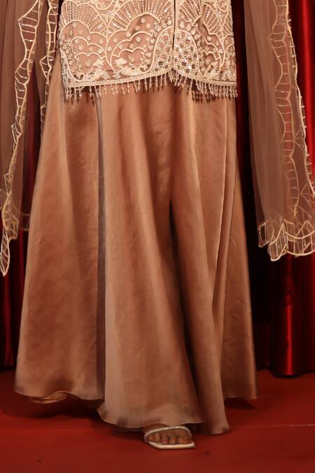 Shop_Swati Wadhwani Couture_Brown Organza, Net Beads, Embroidery V-neck Hand Kurta Set _Online_at_Aza_Fashions