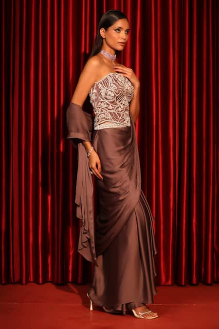 Buy_Swati Wadhwani Couture_Brown Organza, Satin Embroidery Sweetheart Neck Hand Pre-draped Saree And Corset _Online_at_Aza_Fashions