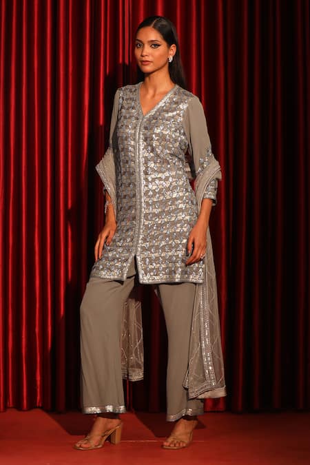 Shop_Swati Wadhwani Couture_Gray Net, Georgette Embroidery V-neck Geometric Hand Kurta Set _Online_at_Aza_Fashions