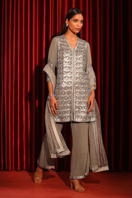 Shop_Swati Wadhwani Couture_Gray Net, Georgette Embroidery V-neck Geometric Hand Kurta Set 