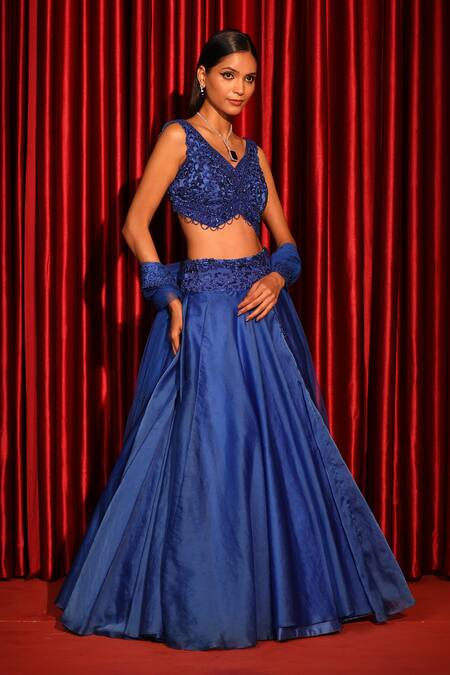 Shop_Swati Wadhwani Couture_Blue Organza, Net Embroidery V-neck Electric Floral Lehenga Set _Online_at_Aza_Fashions