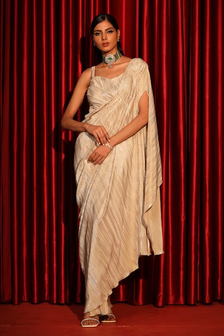 Buy_Swati Wadhwani Couture_Gold Lycra Sweetheart Neck Asymmetric Pleated Saree Gown _Online_at_Aza_Fashions