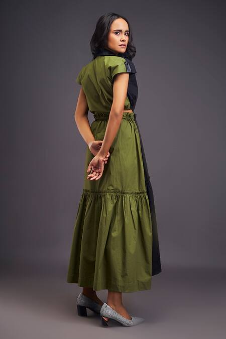 Shop Deepika Arora Black Cotton Collared Color Blocked Tiered Long Dress at Aza Fashions Shop_Deepika Arora_Black Cotton Collared Color Blocked Tiered Long Dress _at_Aza_Fashions